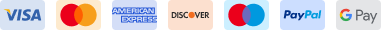icone dei metodi di pagamento accettati: Visa, Mastercard, American Express, Discover, PayPal e Google Pay