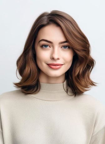 ritratto in studio di una donna con capelli castani mossi e maglione beige su sfondo chiaro
