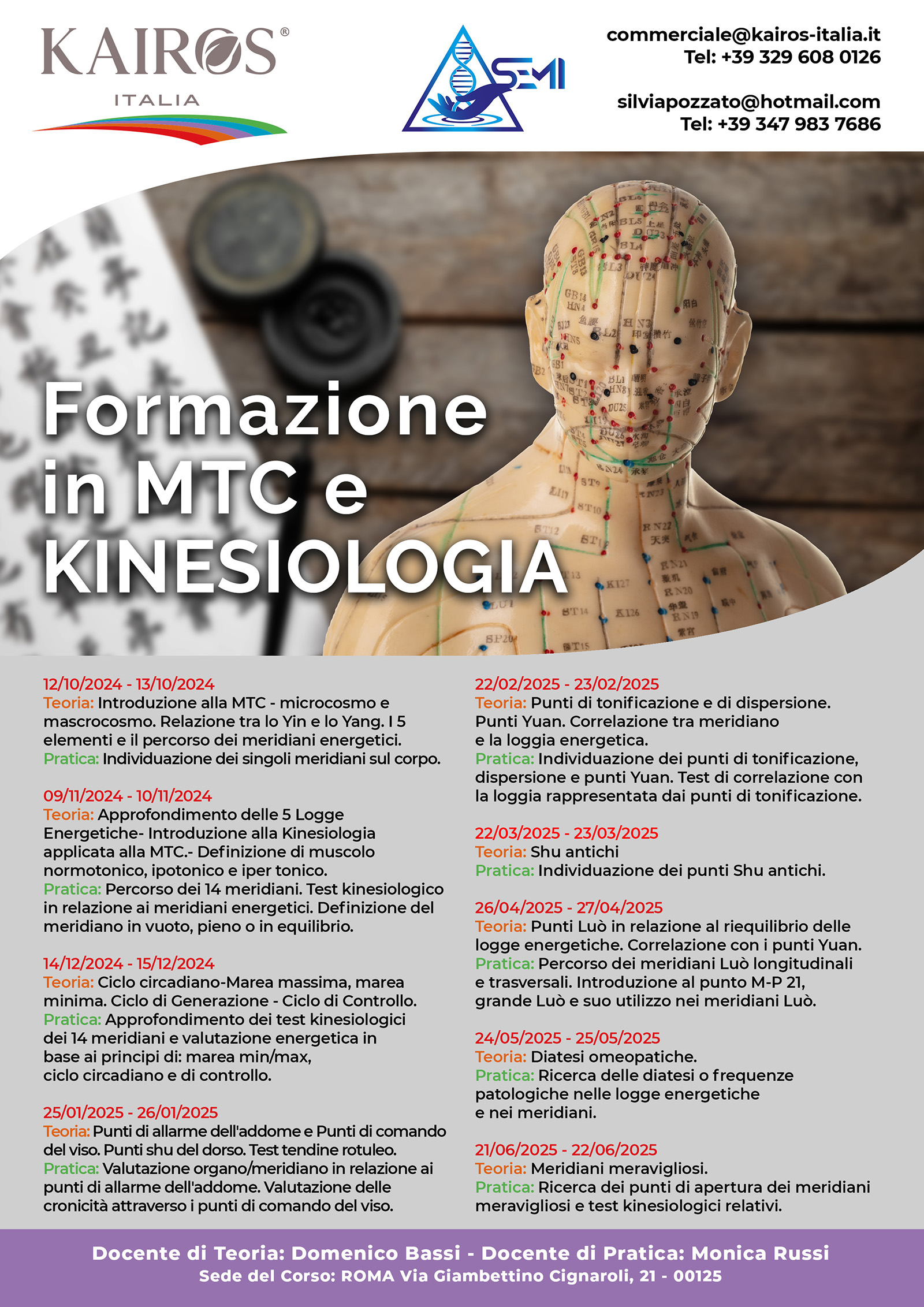locandina del corso Formazione in MTC e Kinesiologia con manichino dei meridiani di agopuntura e calendario delle lezioni