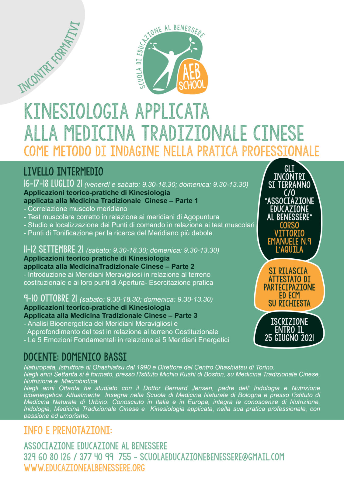 locandina del corso di kinesiologia applicata alla medicina tradizionale cinese con date, livelli e contatti