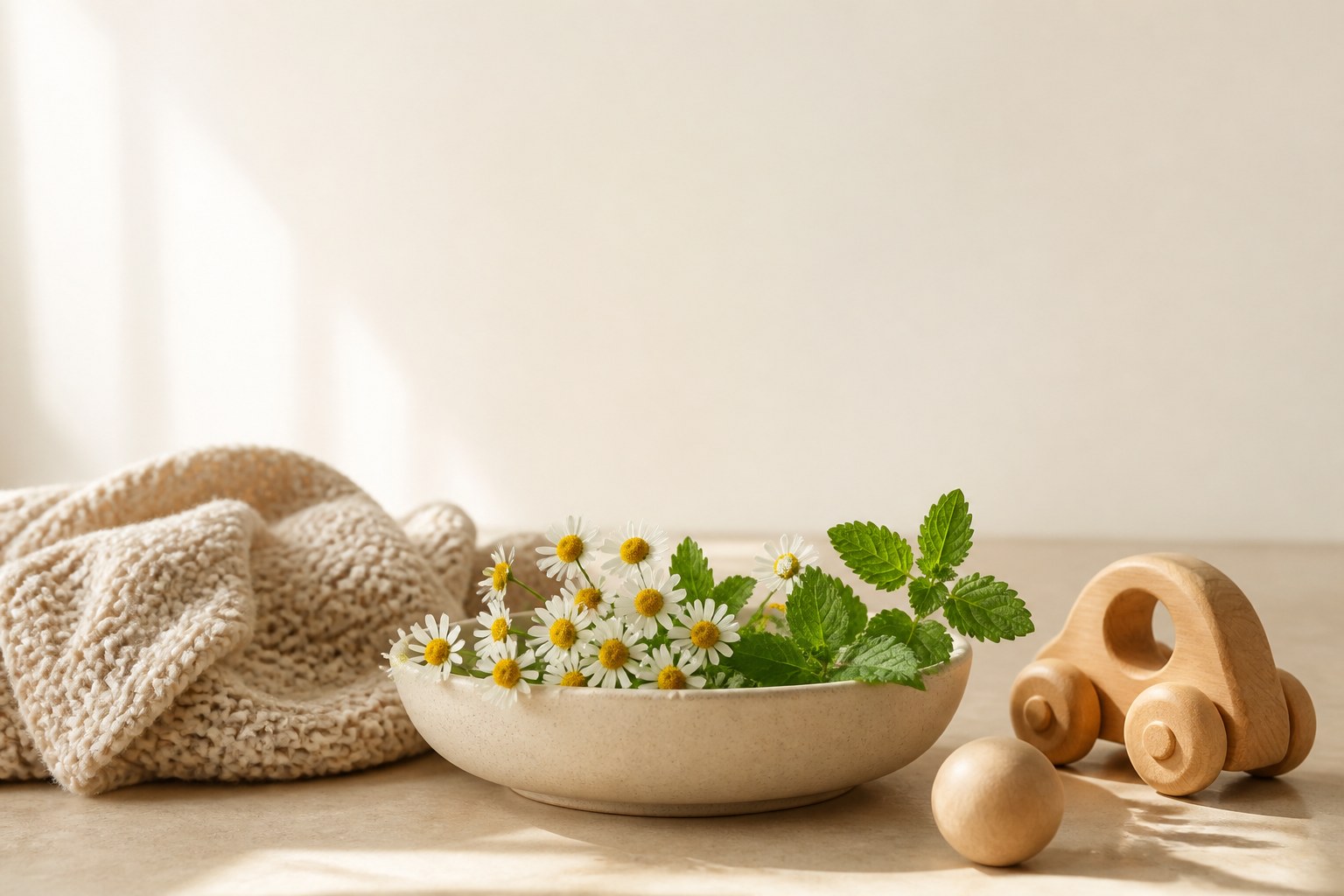 ciotola con fiori di camomilla e foglie di menta accanto a una macchinina di legno e un tessuto intrecciato