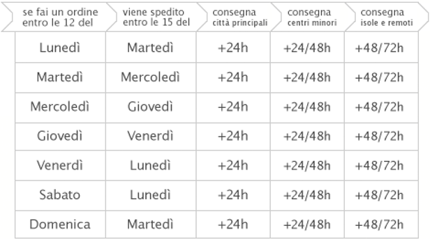 tabella dei tempi di spedizione e consegna per giorno di ordine, dal lunedì alla domenica