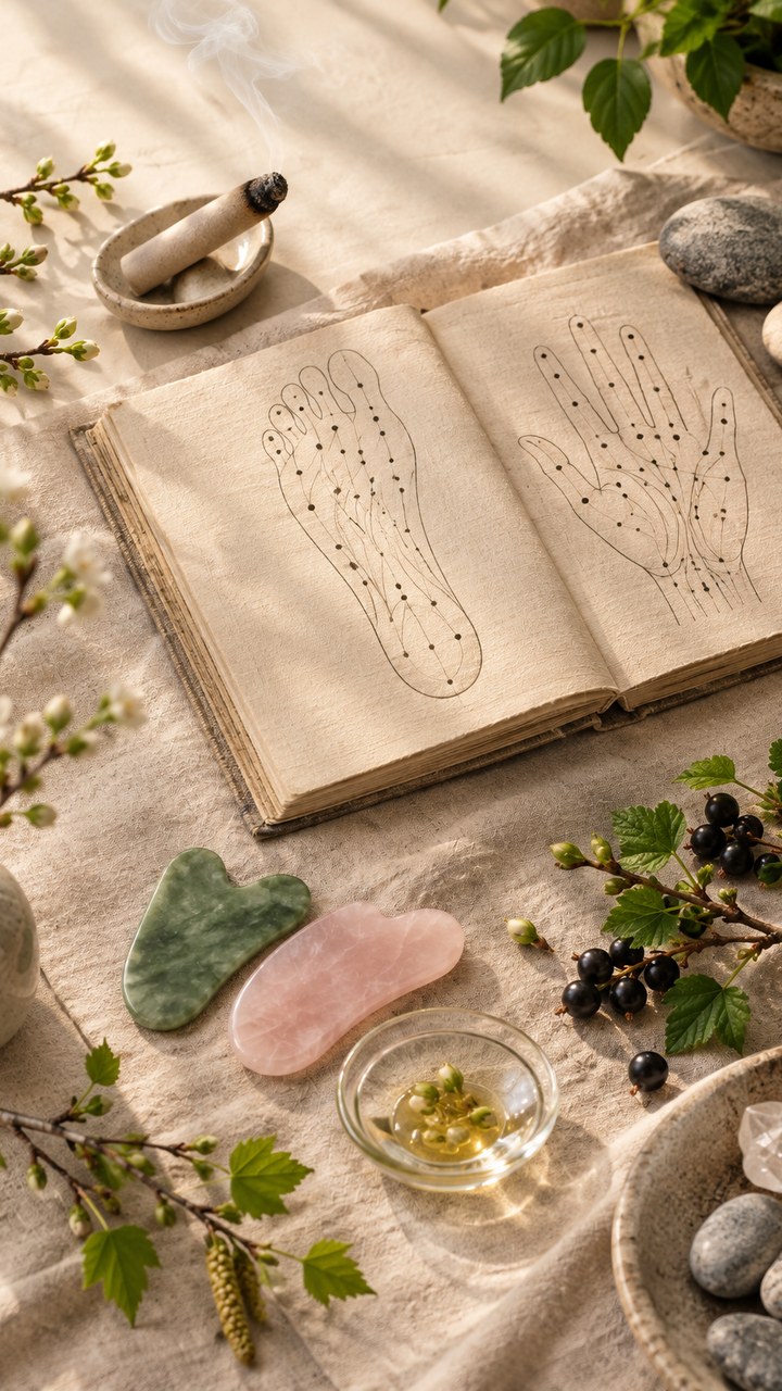 Mappa dei punti di piede e mano, gua sha di giada e quarzo rosa, moxa e gemme fresche