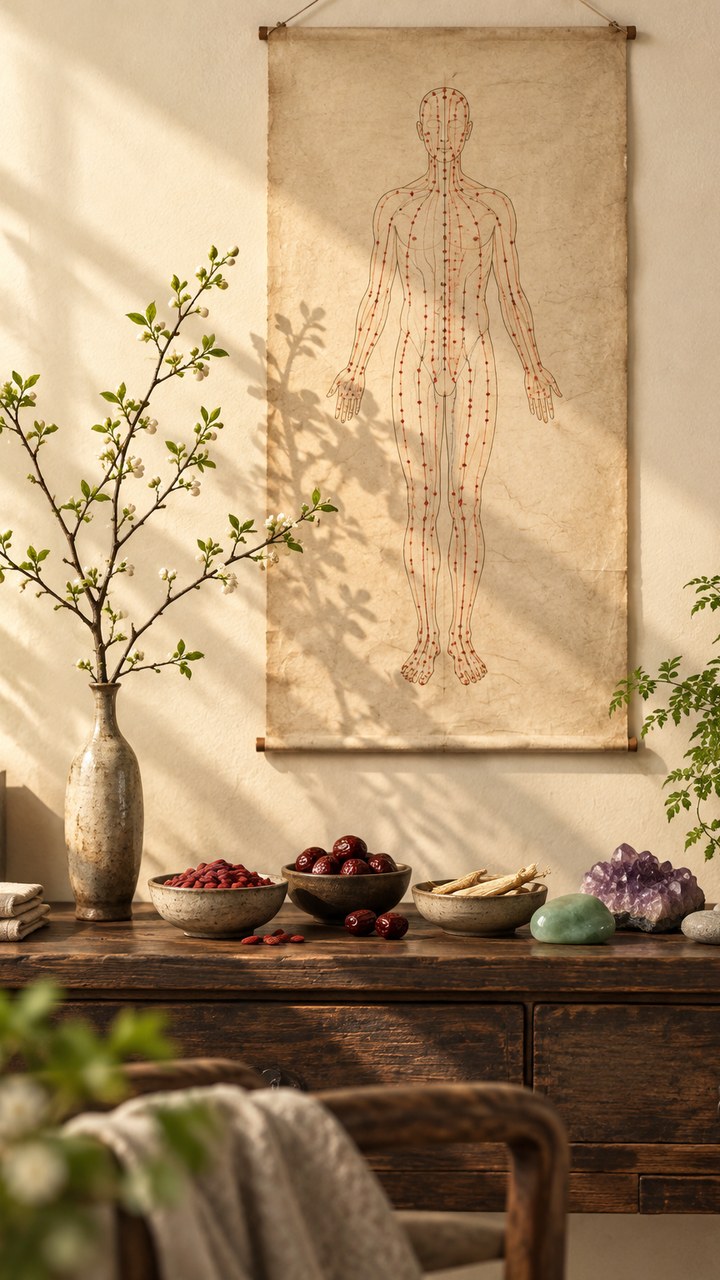 Stampa dei meridiani alla parete sopra una consolle con goji, giuggiole, ginseng e pietre